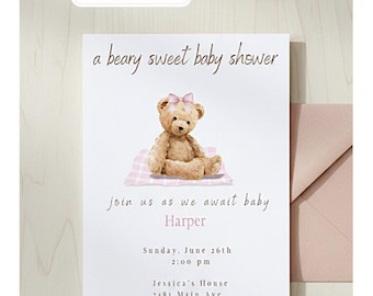 Bär-Babypartyeinladung, Mädchen-Teddybär-Party einladen, bearbeitbare Canva-Vorlage (digitaler Download)