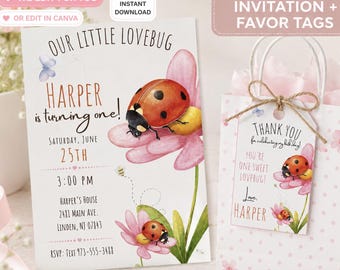 Lovebug Geburtstagseinladung mit Gastgeschenken, Unsere kleine Lovebug Marienkäfer Party (Digitaler Download)