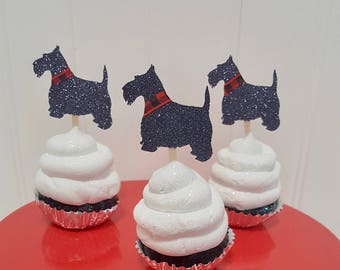 Scottish Terrier dog cupcake toppers red black white plaid collar puppy birthday party decorations decor