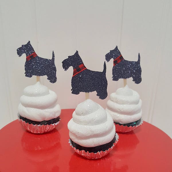 Scottish Terrier dog cupcake toppers red black white plaid collar puppy birthday party decorations decor