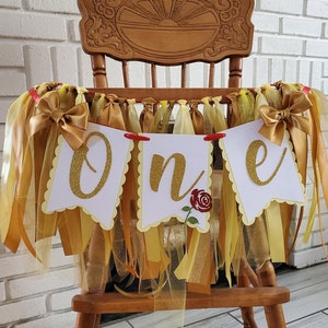 Yellow and Gold High Chair Banner. Single Rose. ONE banner.  First Birthday Garland. Party decorations. Tulle and Ribbon. Fully Assembled.