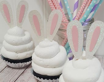 Bunny Ears Cupcake Toppers. Easter Party Decorations. Some Bunny is one. 12 count. Table decor. Bunny party decor.
