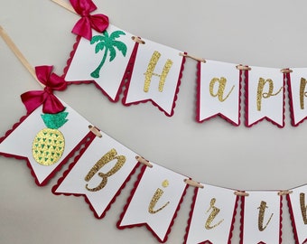 Hawaiian Banner. Aloha themed Happy Birthday Garland. Pineapple Party Decorations. Fully Assembled.