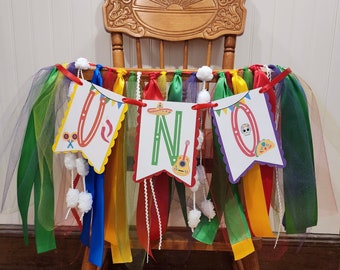 UNO Fiesta High Chair Banner in multiple bright. First birthday garland.