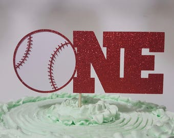 ONE Baseball cake topper red glitter photo prop cake smash 1st first birthday party decor