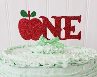 Apple Cake Topper in Red Glitter. ONE. Cake Decor. Apple Birthday Decorations. Party Decor.