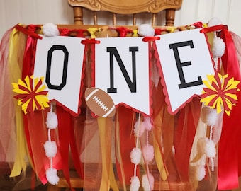 First Down High Chair Banner. ONE banner.  Cheerleader Garland. Sports party decorations. Cheerleader / Football Theme. Fully Assembled.