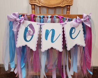 Mermaid High Chair Banner. ONE banner.  Under the Sea Garland. Purple and aqua party decorations. Mermaid Birthday.