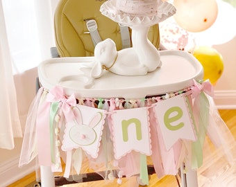 Bunny High Chair Banner. ONE banner.  Bunny Garland. Easter bunny party decorations. Bunny Theme First Birthday. Fully Assembled.