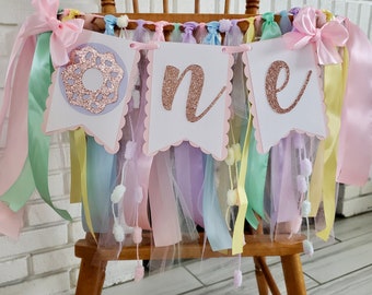 Donut High Chair Banner. Donut ONE banner.  Donut First Birthday banner. Pastel Birthday Garland. Party decorations. Donut Grow Up.