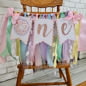 Donut High Chair Banner. Donut ONE banner.  Donut First Birthday banner. Pastel Birthday Garland. Party decorations. Donut Grow Up.