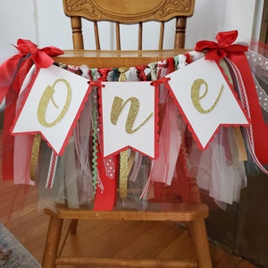 Christmas High Chair Banner. ONE banner.  First Birthday Garland. Holiday Party decorations. Tulle and Ribbon. Red and Green.