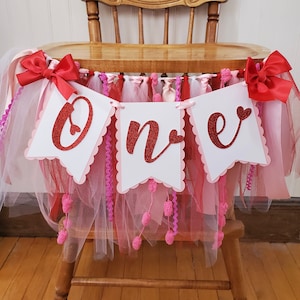 Valentines High Chair Banner. Heart ONE banner.  Valentine's Day banner. First Birthday Garland. Party decorations. Tulle and Ribbon. Photo