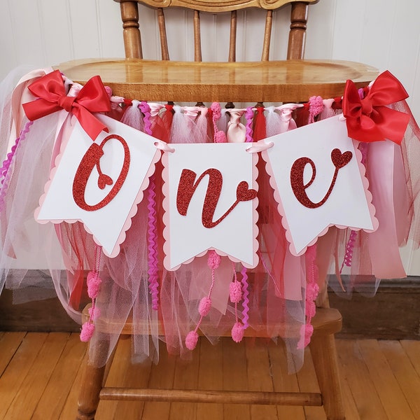 Valentines High Chair Banner. Heart ONE banner.  Valentine's Day banner. First Birthday Garland. Party decorations. Tulle and Ribbon. Photo