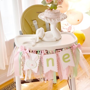 Bunny High Chair Banner. ONE banner.  Bunny Garland. Easter bunny party decorations. Bunny Theme First Birthday. Fully Assembled.