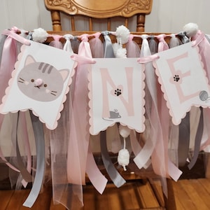 Kitty Cat High Chair Banner in Pink and Gray. Customize your colors!