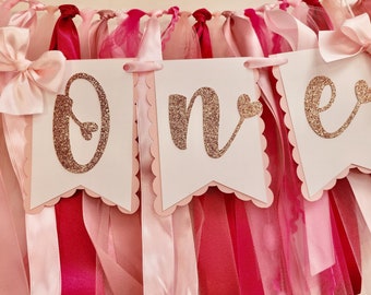 Pink High Chair Banner: Heart First Birthday Garland, Tulle & Ribbon Decor