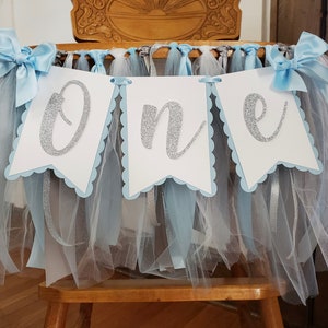 Blue and Silver High Chair Banner. ONE banner.  First Birthday Garland. Party decorations. Tulle and Ribbon.