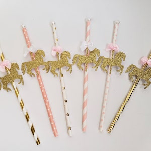 Carousel Horse Paper Straws. Set of 10. Pink and Gold Party Decorations. Carousel Party Decorations.