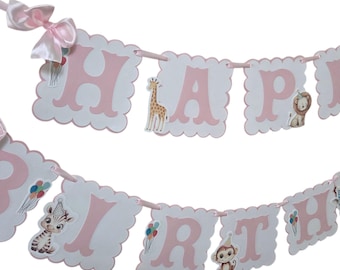 Pink Safari Happy Birthday Banner: Wild One Animal Party Theme