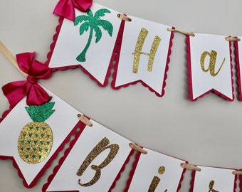 Hawaiian Banner. Aloha themed Happy Birthday Garland. Pineapple Party Decorations. Fully Assembled.