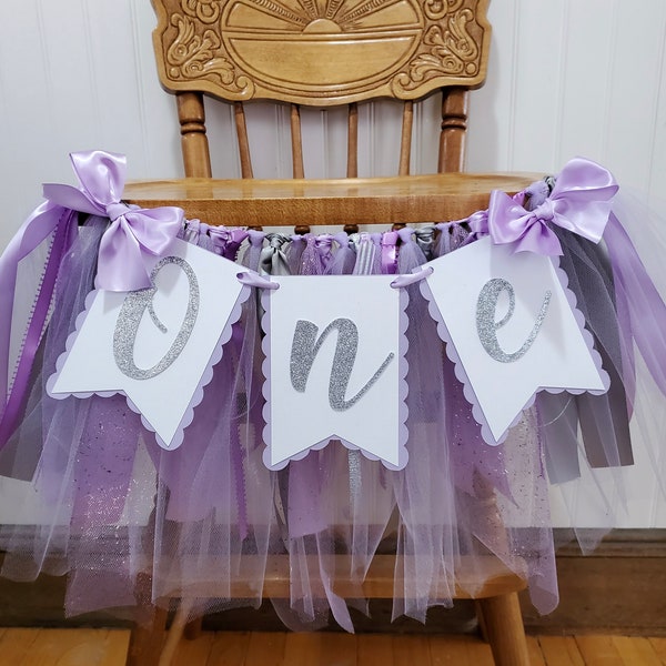 Lavender and Silver High Chair Banner. ONE banner.  First Birthday Garland. Party decorations. Tulle and Ribbon.  Lavender and Gold.