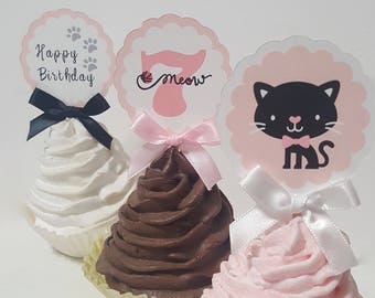 Kitty Cat Cupcake toppers. Set of 12. Custom Colors. Cat Party Decorations.