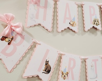 Pawty Banner. Dog and Cat Happy Birthday Garland. Puppy and Kitten Party Decorations. Birthday Decorations. Custom Colors. Fully Assembled.