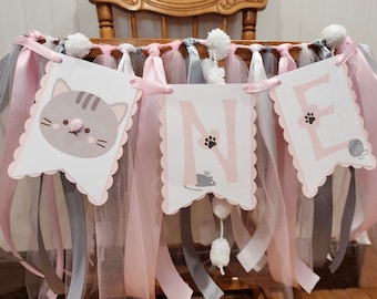 Kitty Cat High Chair Banner in Pink and Gray. Customize your colors!