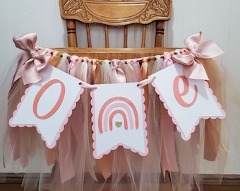 Rainbow High Chair Banner. ONE banner. BOHO Rainbow Garland. 1st Birthday Decorations. Rainbow Baby Decor. Tulle and Ribbon. Fully Assembled