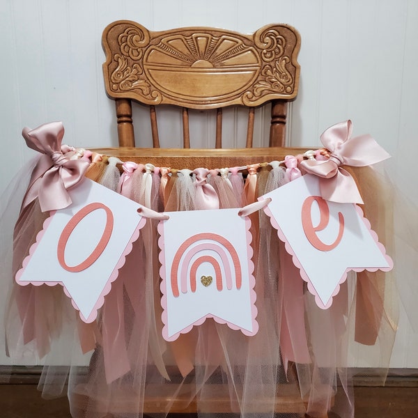 Rainbow High Chair Banner. ONE banner. BOHO Rainbow Garland. 1st Birthday Decorations. Rainbow Baby Decor. Tulle and Ribbon. Fully Assembled