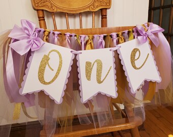 Lavender and Gold High Chair Banner. ONE banner.  First Birthday Garland. Party decorations. Tulle and Ribbon. Lavender Party.