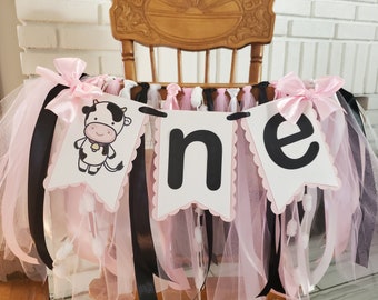 Cow High Chair Banner. ONE banner.  Baby Cow Garland. Baby Cow MOO party decorations. Cow Theme. Fully Assembled. Custom Colors
