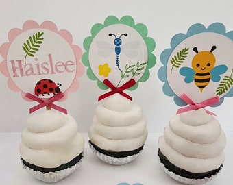 Love Bug Cupcake toppers. Set of 12. Custom Name and Age. Love Bug Party Decorations.