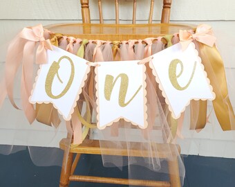 Peach and Gold High Chair Banner. ONE banner.  First Birthday Garland. Party decorations. Tulle and Ribbon.