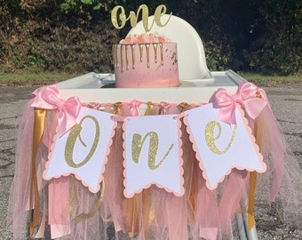 Pink and Gold High Chair Banner. ONE banner.  First Birthday Garland. Party decorations. Tulle and Ribbon. Fully Assembled.