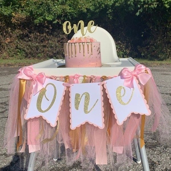 Pink and Gold High Chair Banner. ONE banner.  First Birthday Garland. Party decorations. Tulle and Ribbon. Fully Assembled.