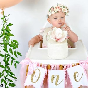 Pink and Gold High Chair Banner. ONE banner.  First Birthday Garland. Party decorations. Tulle and Ribbon. Fully Assembled.
