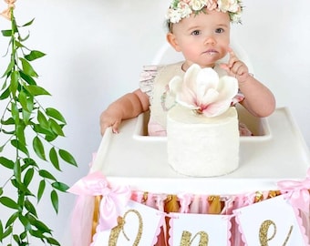 Pink and Gold High Chair Banner. ONE banner.  First Birthday Garland. Party decorations. Tulle and Ribbon. Fully Assembled.