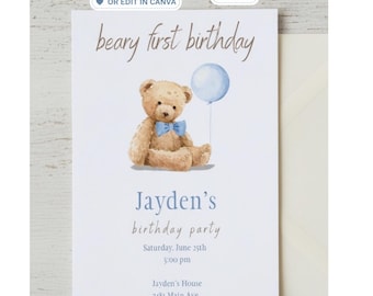 Beary erste Geburtstagseinladung, BoyTeddybär Party einladen, bearbeitbare Canva-Vorlage (digitaler Download)