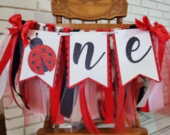 Ladybug High Chair Banner. Ladybug ONE banner.  Ladybug First Birthday banner. Ladybug Birthday Garland. Party decorations.