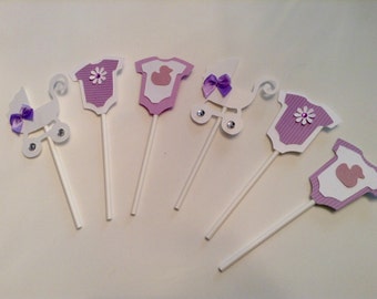 Mini One Piece Cupcake cake toppers baby shower decoration and baby carriage stroller toppers BABY GIRL purple white