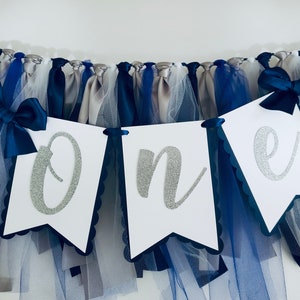 Navy Blue and Silver High Chair Banner. ONE banner.  First Birthday Garland. Navy Party decorations. Tulle and Ribbon.