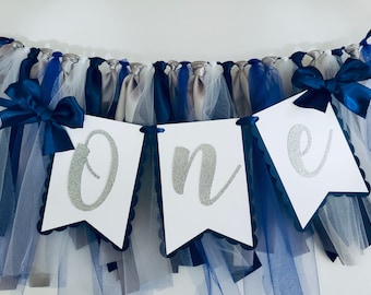Navy Blue and Silver High Chair Banner. ONE banner.  First Birthday Garland. Navy Party decorations. Tulle and Ribbon.
