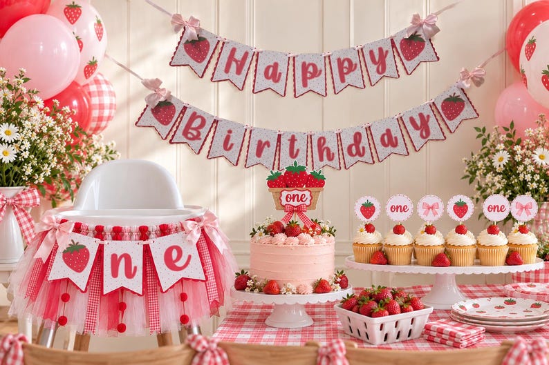 May include: A strawberry-themed first birthday party set featuring a Happy Birthday banner, a high chair tutu with a one banner, a cake topper with the word one, and cupcake toppers with strawberries, bows, and the word one on a table.