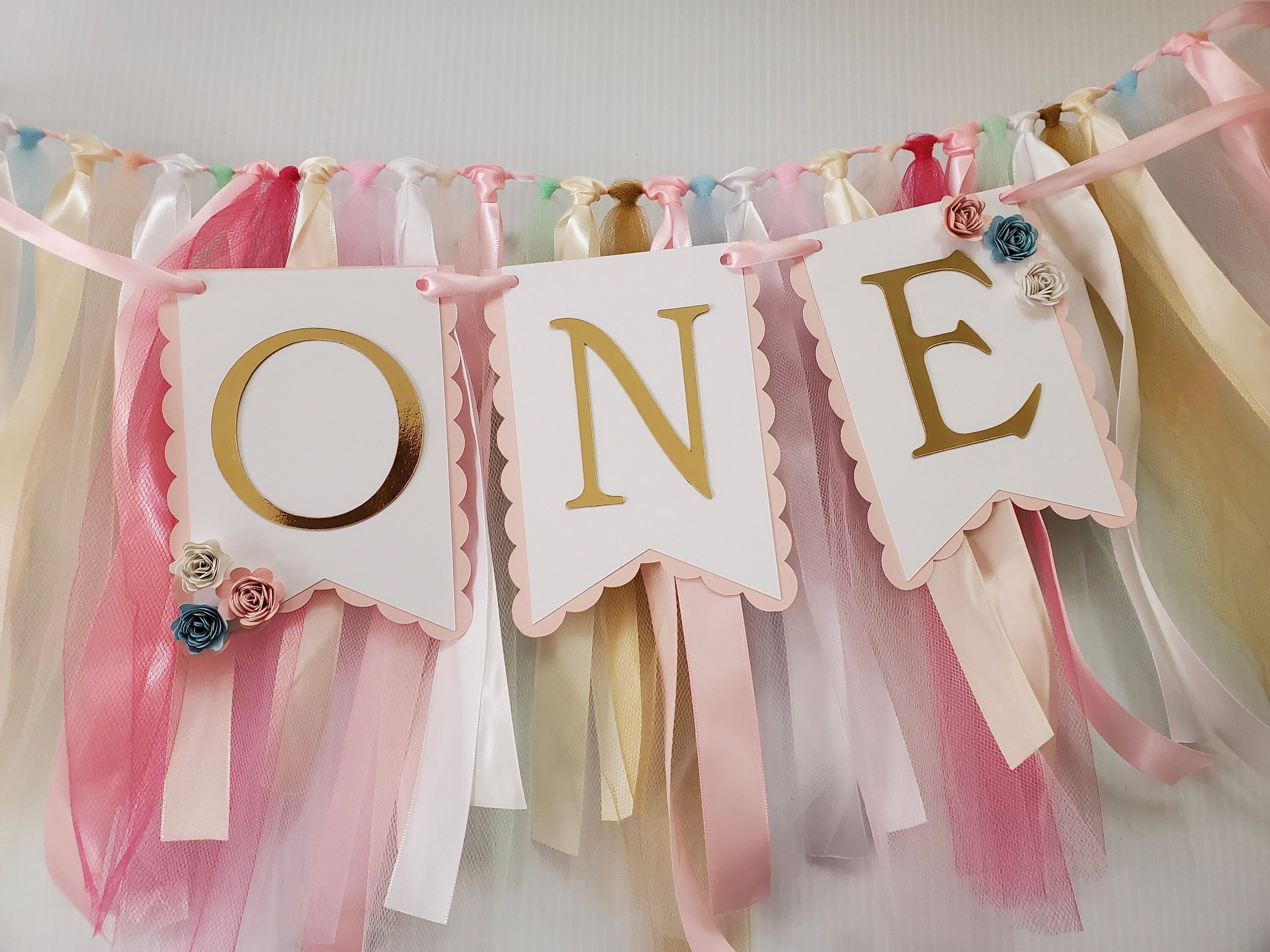 Pink 1st/ First Birthday High Chair Banner For Girls - Floral Tea Party Decoration, Happy Birthday Backdrop For Baby Shower, Floral Birthday Banner