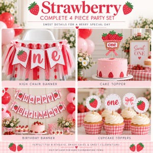 May include: A strawberry-themed 4-piece party set featuring a high chair banner with red and white tulle, a cake topper with a strawberry basket design, a Happy Birthday banner, and cupcake toppers with strawberry, one, and bow graphics.
