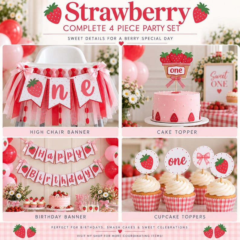May include: A strawberry-themed 4-piece party set featuring a high chair banner with red and white tulle, a cake topper with a strawberry basket design, a Happy Birthday banner, and cupcake toppers with strawberry, one, and bow graphics.