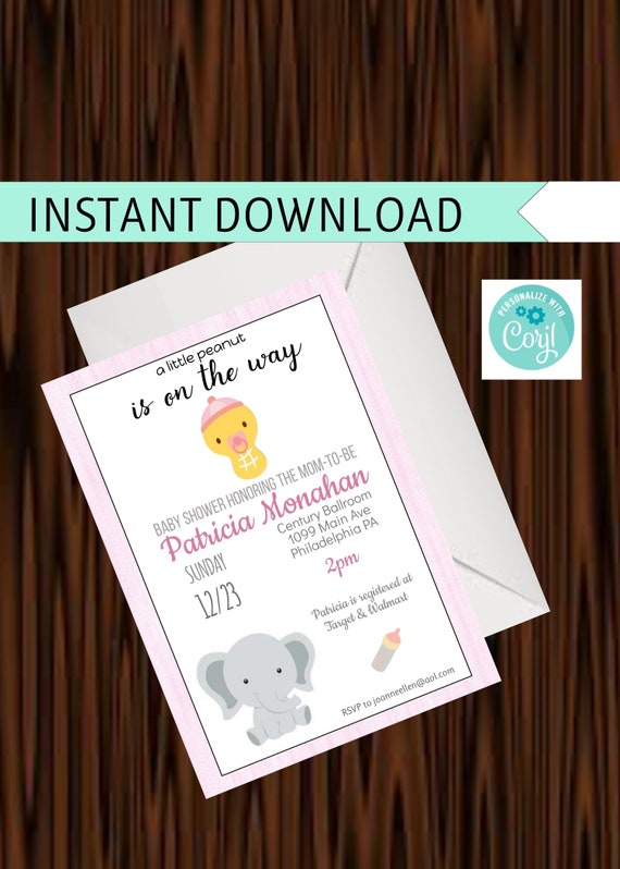 Elephant Baby Girl Shower Invitations You Edit And Print A Etsy