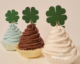 Shamrock cupcake toppers st patricks day green glitter four leaf clover food picks party decoration irish birthday